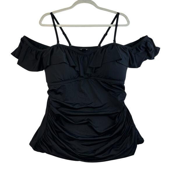 City Chic Plus S 16 Swimsuit Elba Tankini Top Off The Shoulder Ruched Black - Picture 3 of 15